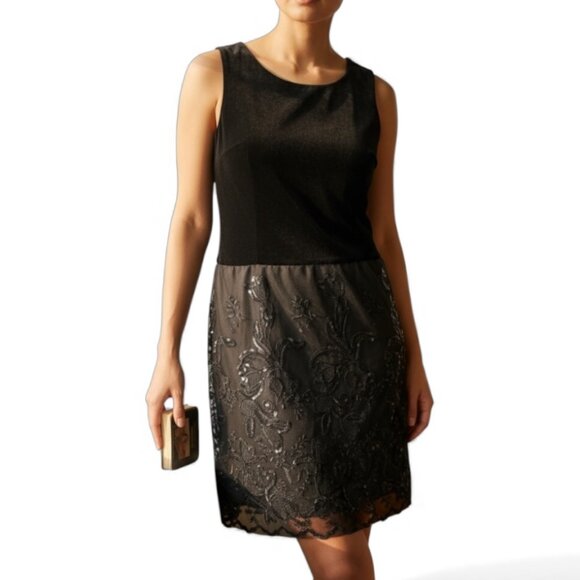 CH Carolina Herrera Black Velvet Lace Sequin Sheath Dress Sz 10 Cocktail Evening - Picture 1 of 8
